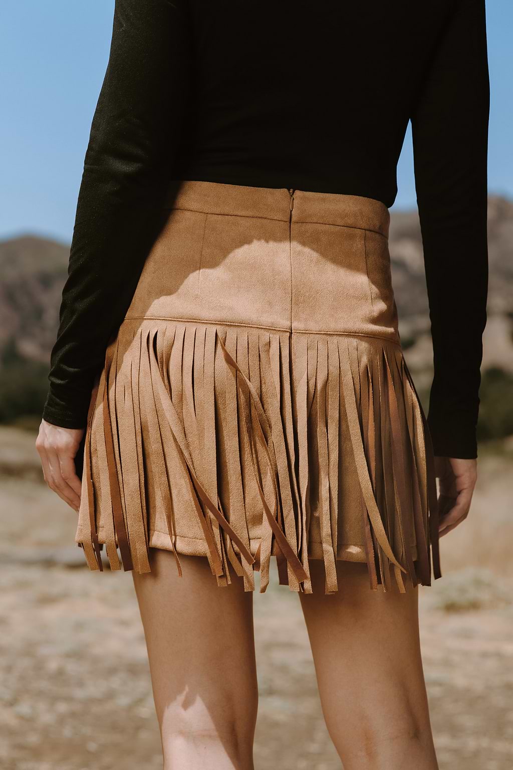 Tan Faux Suede Fringe Hem Mini Skirt