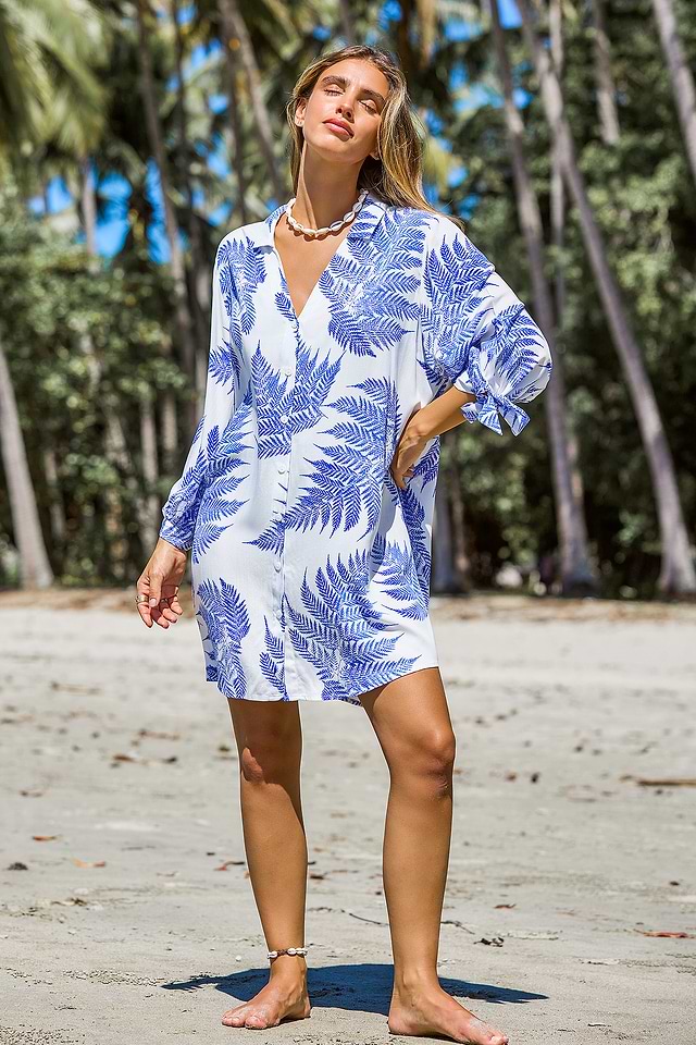 Blue & White Palm Leaf Front Button Cover-Up Dress