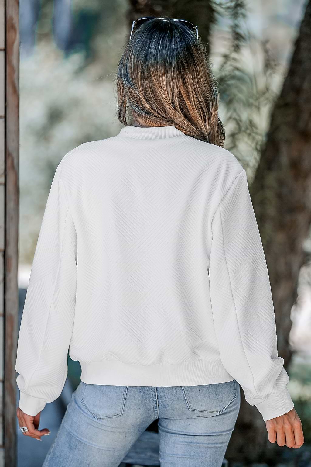 White Ribbed Knit Standing Collar Bomber Jacket