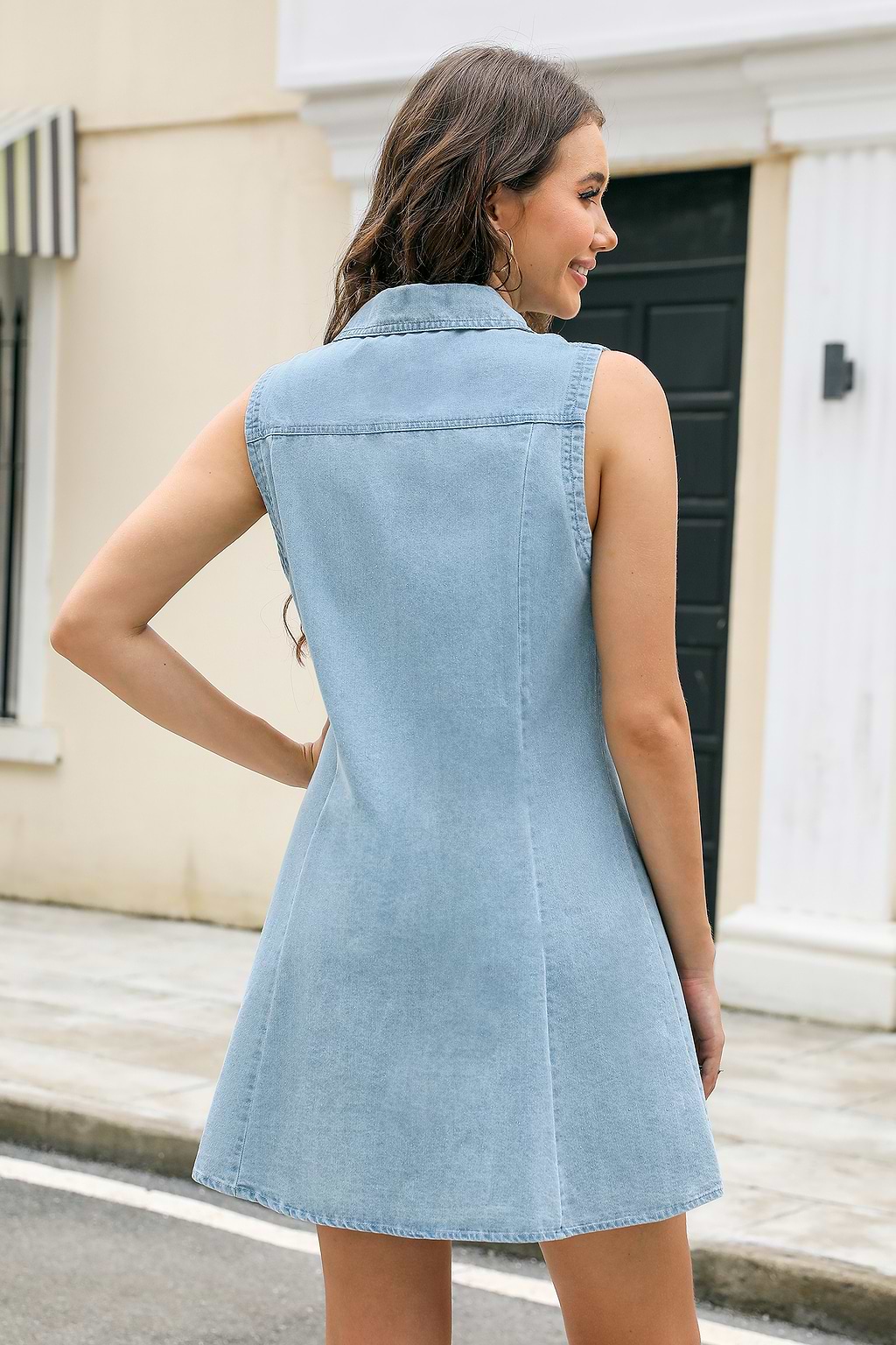 Denim Collared Sleeveless Button Up Mini Shirt Dress