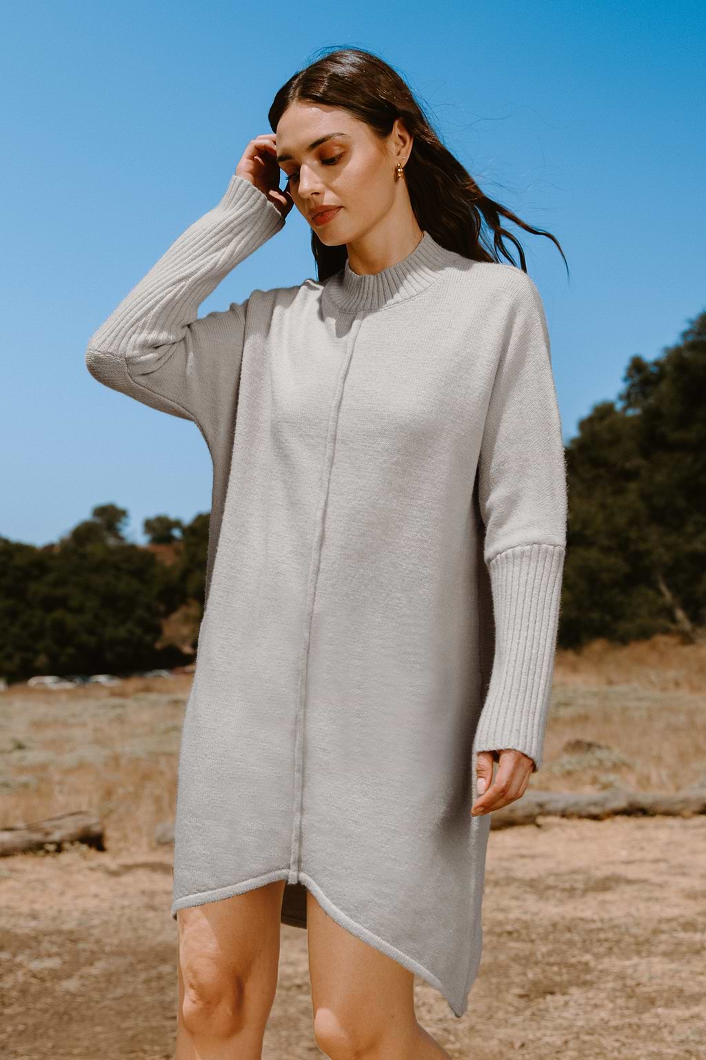 Khaki Mockneck Long Sleeve Mini Sweater Dress