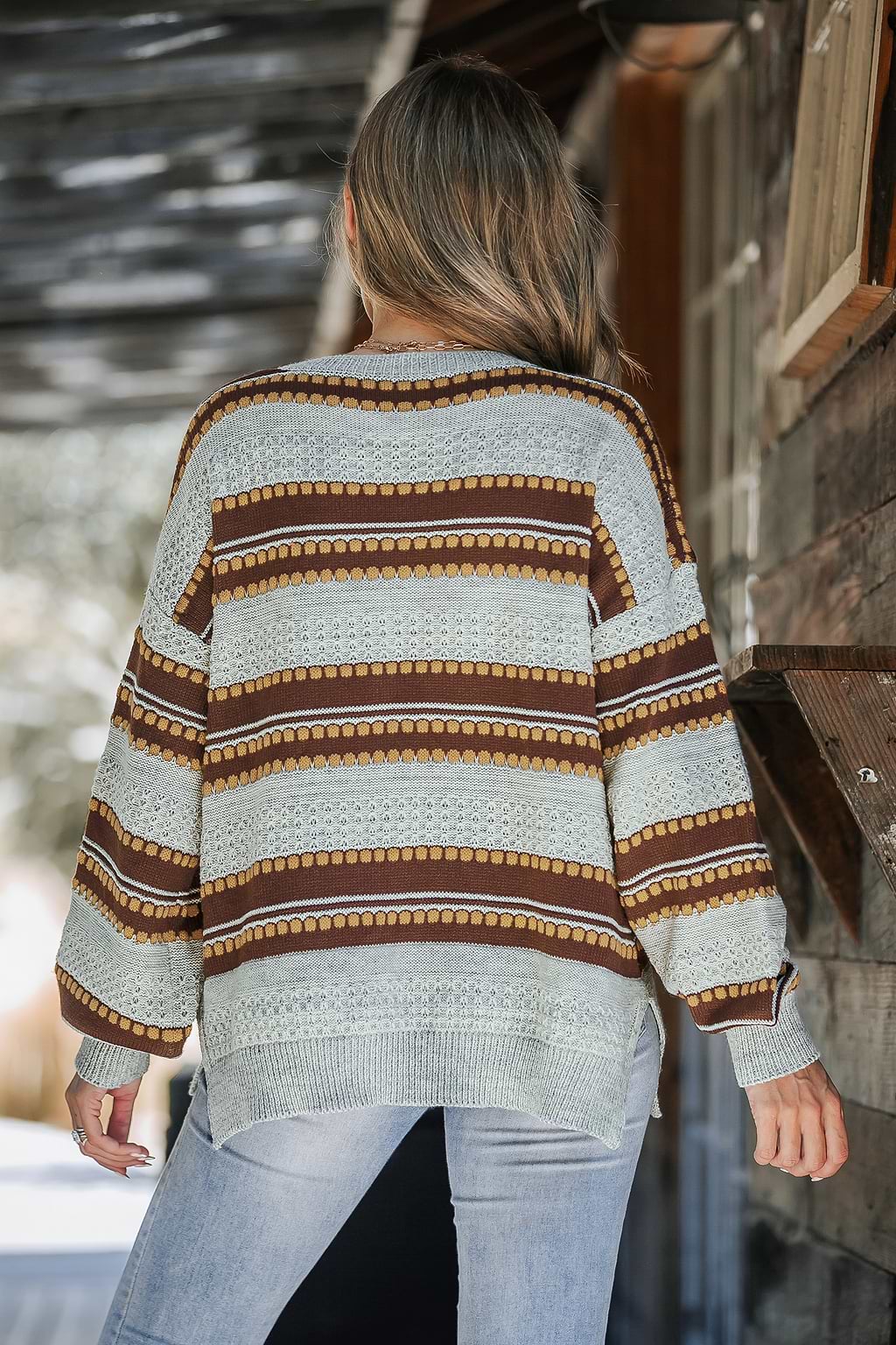 Brown Striped Drop Shoulder Long Sleeve Sweater