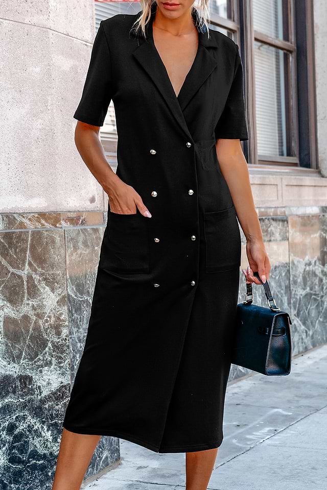 Black Collared Double Breasted Midi Dress