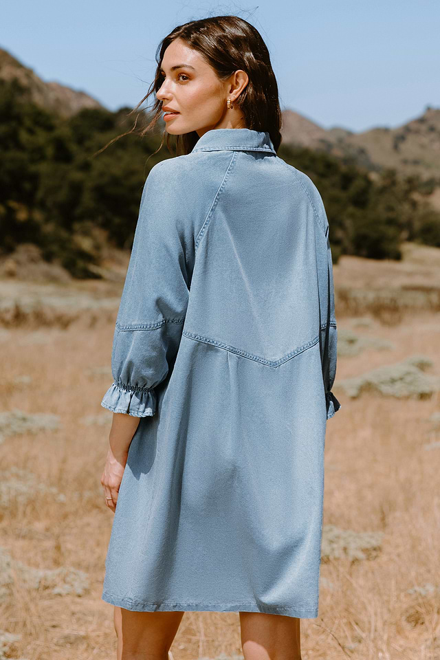 blue collared shirt dress Linen Shirt Dress Vintage Belted Swing Midi