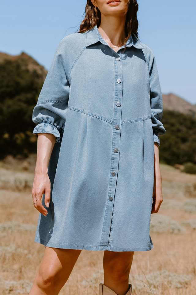blue marine corps ball dresses FINAL SALE Dizzy Lizzie 621-Den Denim Tunic Dress with Ruffle Neck and Side Pockets Medium main image 0