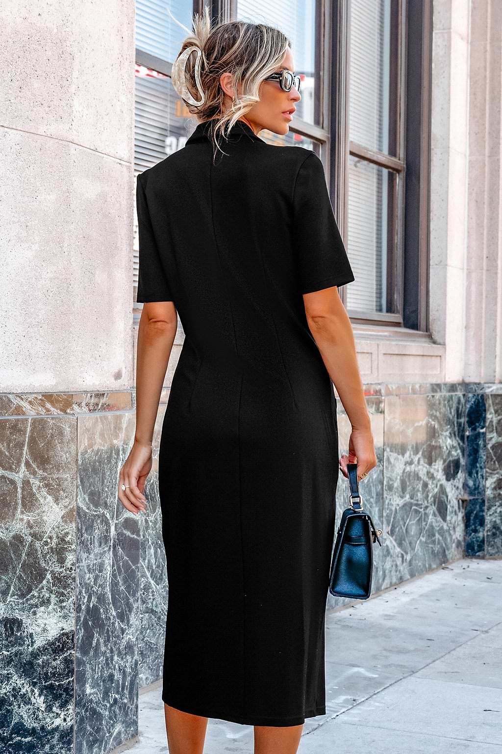 Black Collared Double Breasted Midi Dress