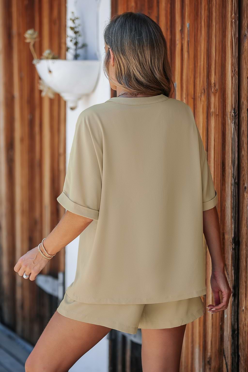 Khaki Short Sleeve Top & Straight Leg Shorts Set