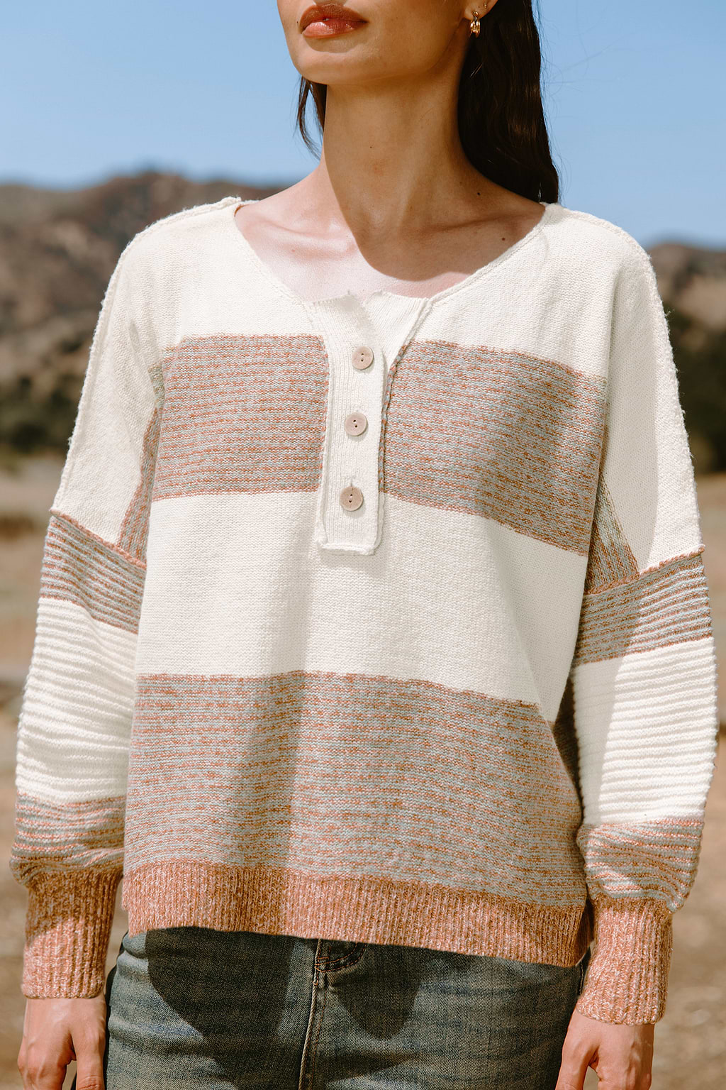 Neutral Striped Drop Shoulder Long Sleeve Sweater