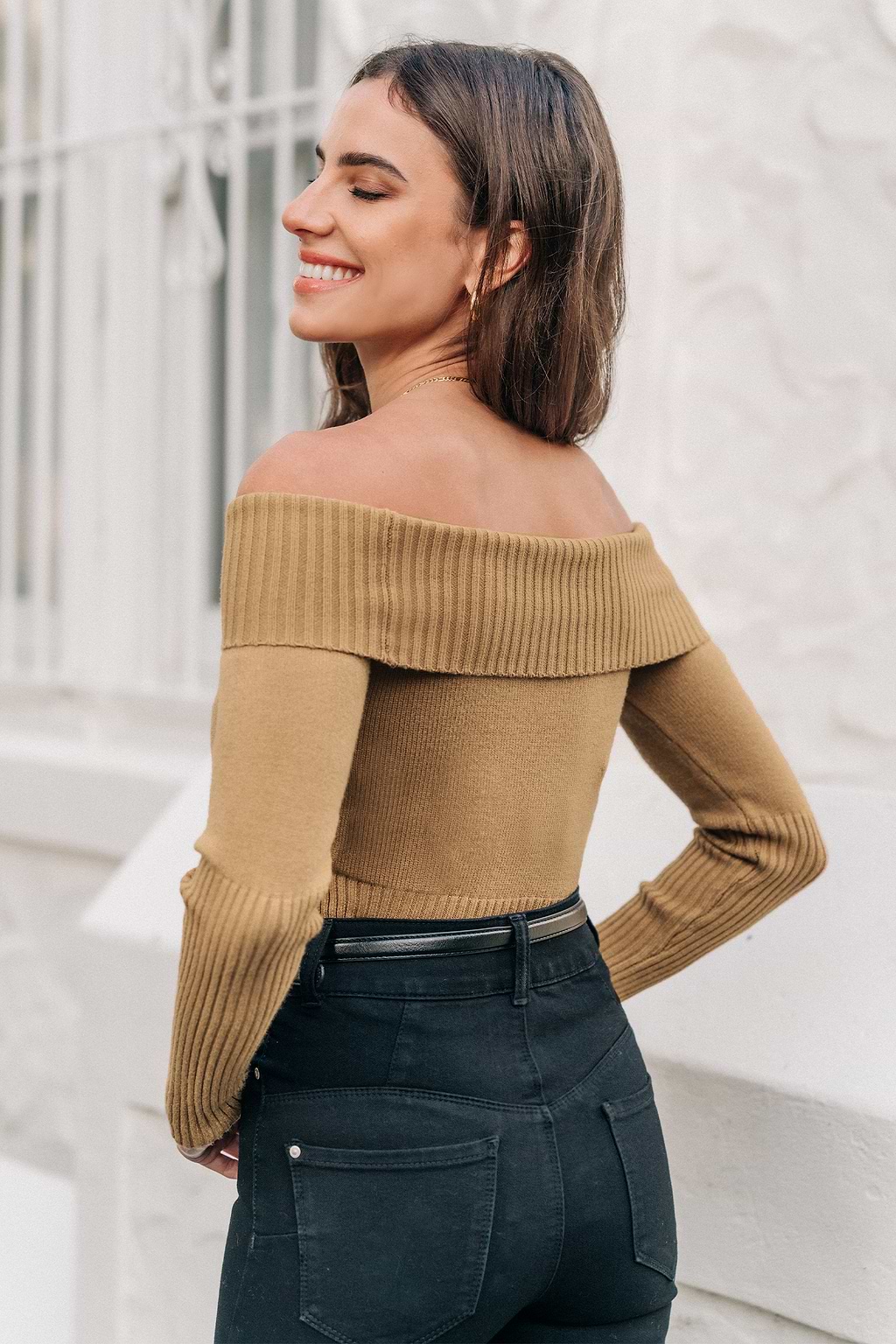 Camel Off-Shoulder Long Sleeve Sweater