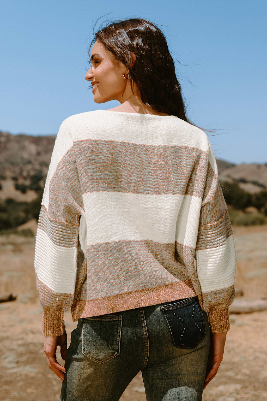 Neutral Striped Drop Shoulder Long Sleeve Sweater