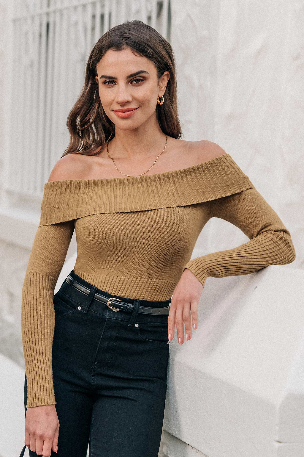 Camel Off-Shoulder Long Sleeve Sweater