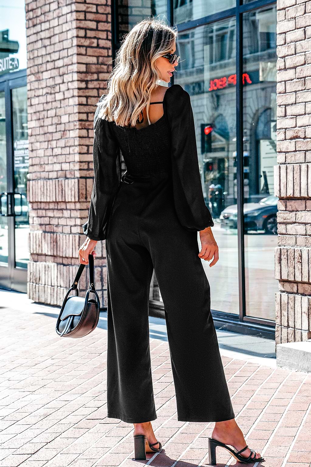 Black Lace Trim Diamond Neck Wide Leg Jumpsuit
