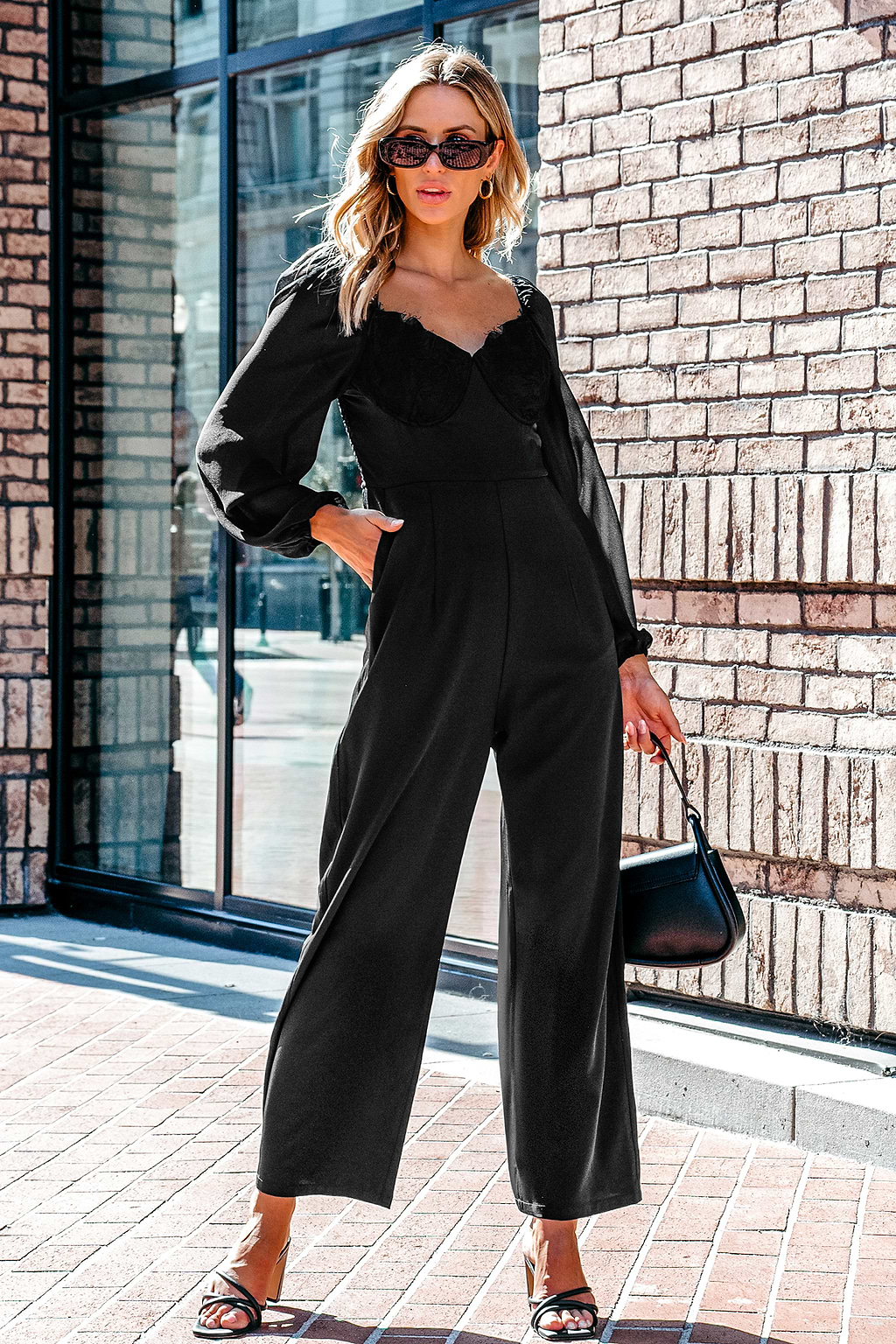 Black Lace Trim Diamond Neck Wide Leg Jumpsuit