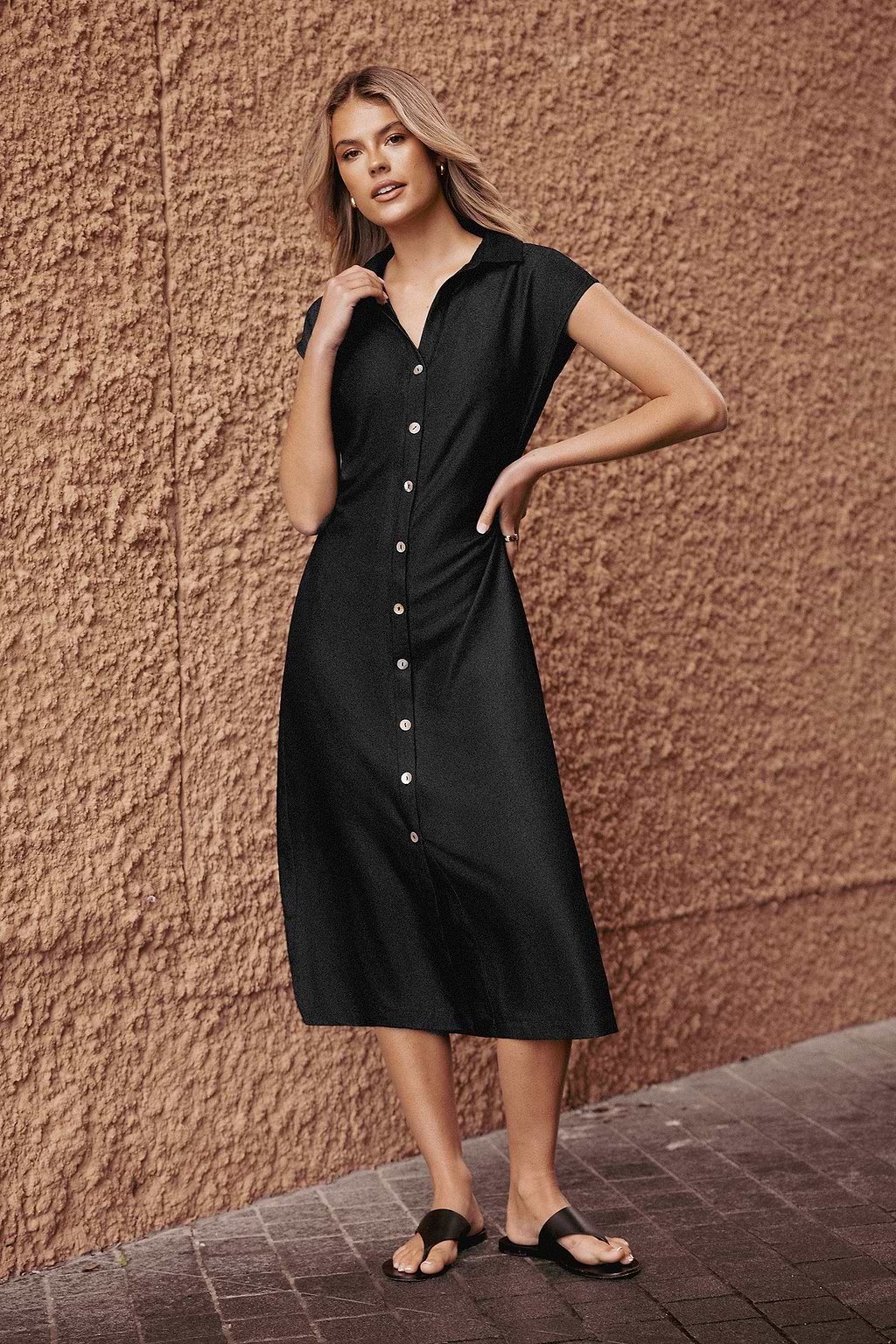 Black Collared Front Button Midi Dress