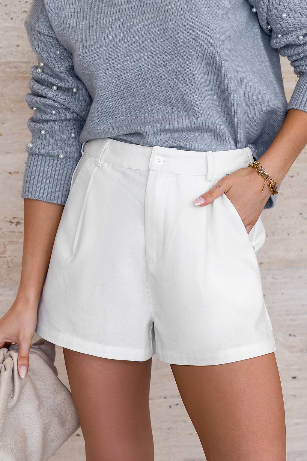 White Pleated Wide Leg Shorts