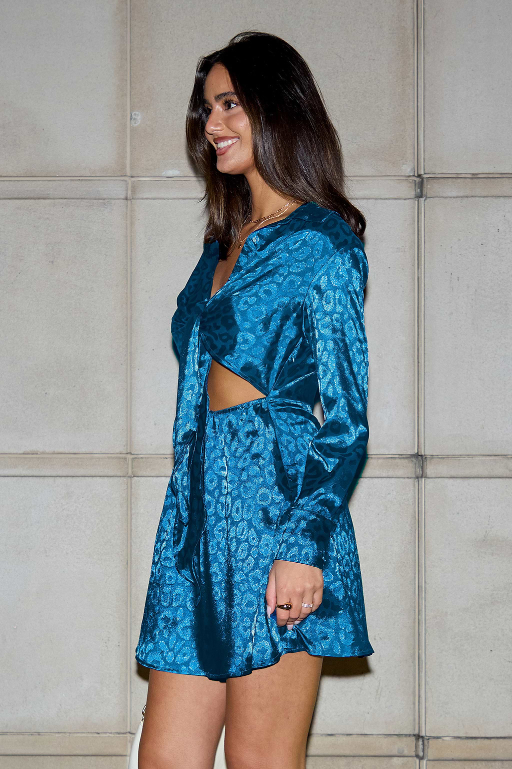 Blue Leopard Collared Long Sleeve Cutout Mini Dress