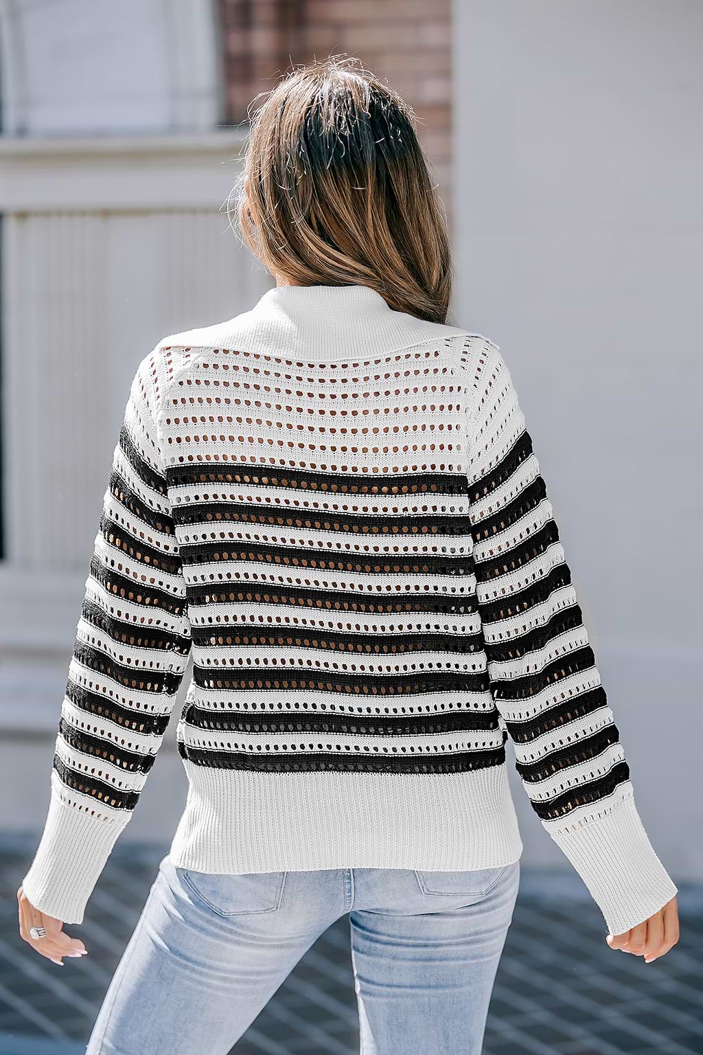 Striped Collared V-Neck Perforated Knit Sweater