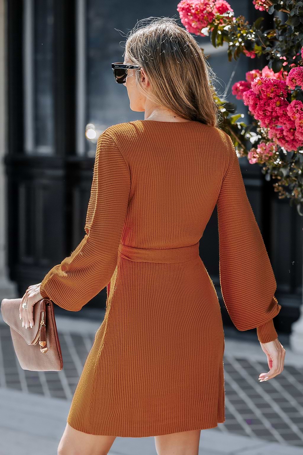 Brown Ribbed Knit Long Blouson Sleeve Mini Sweater Dress