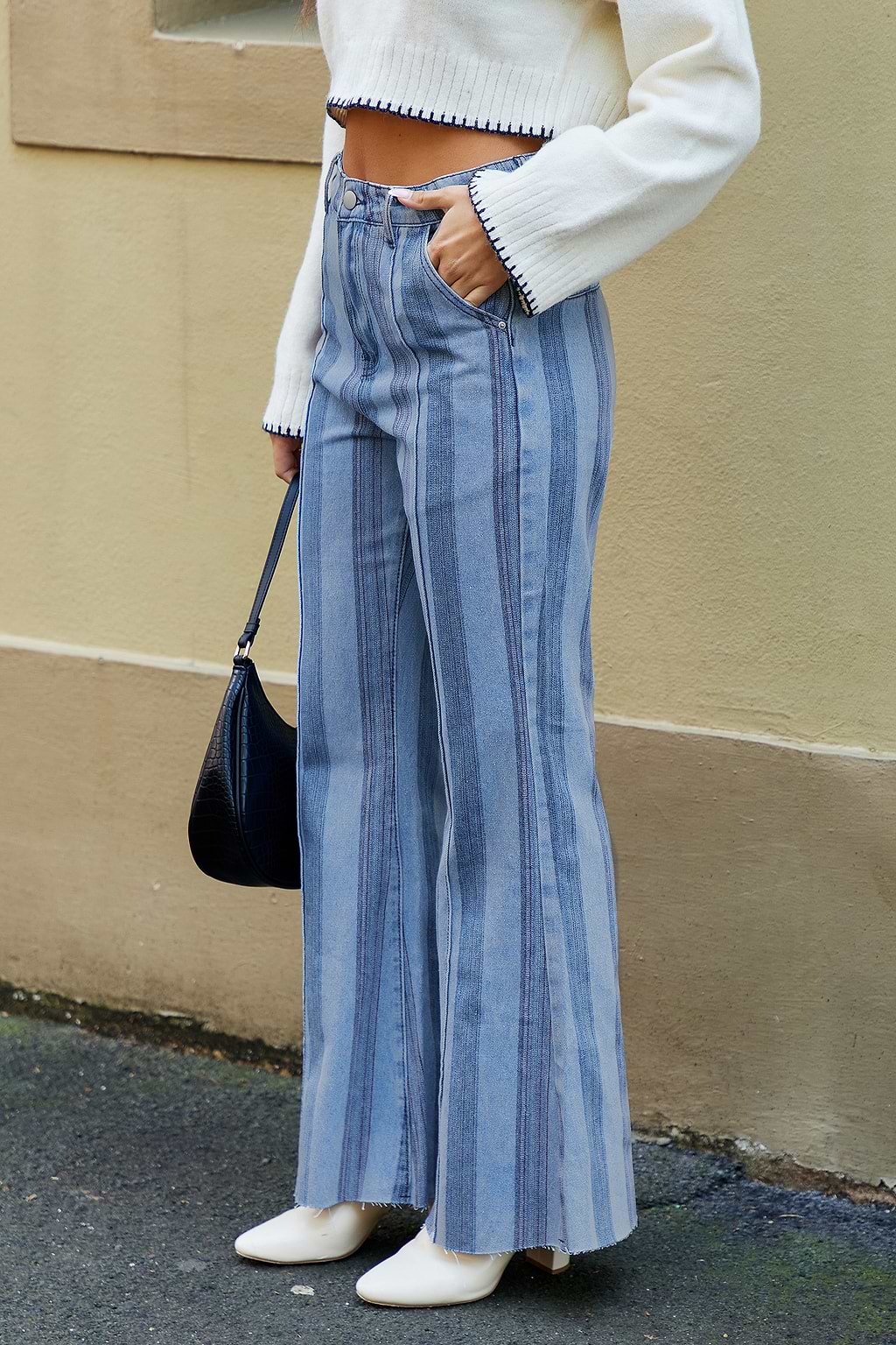 Striped Flared Leg Denim Jeans