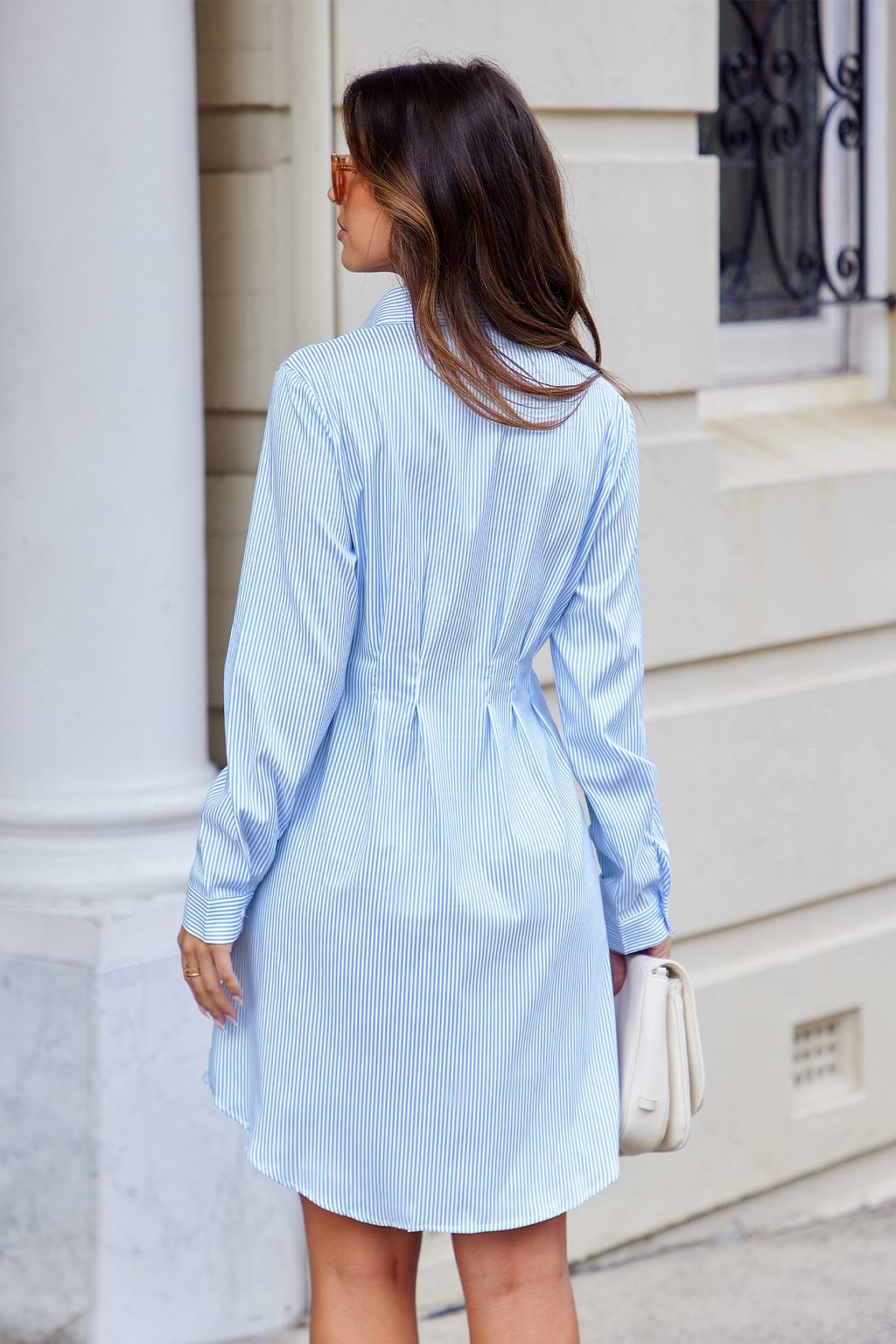 Blue Striped Collared Front Button Mini Shirt Dress