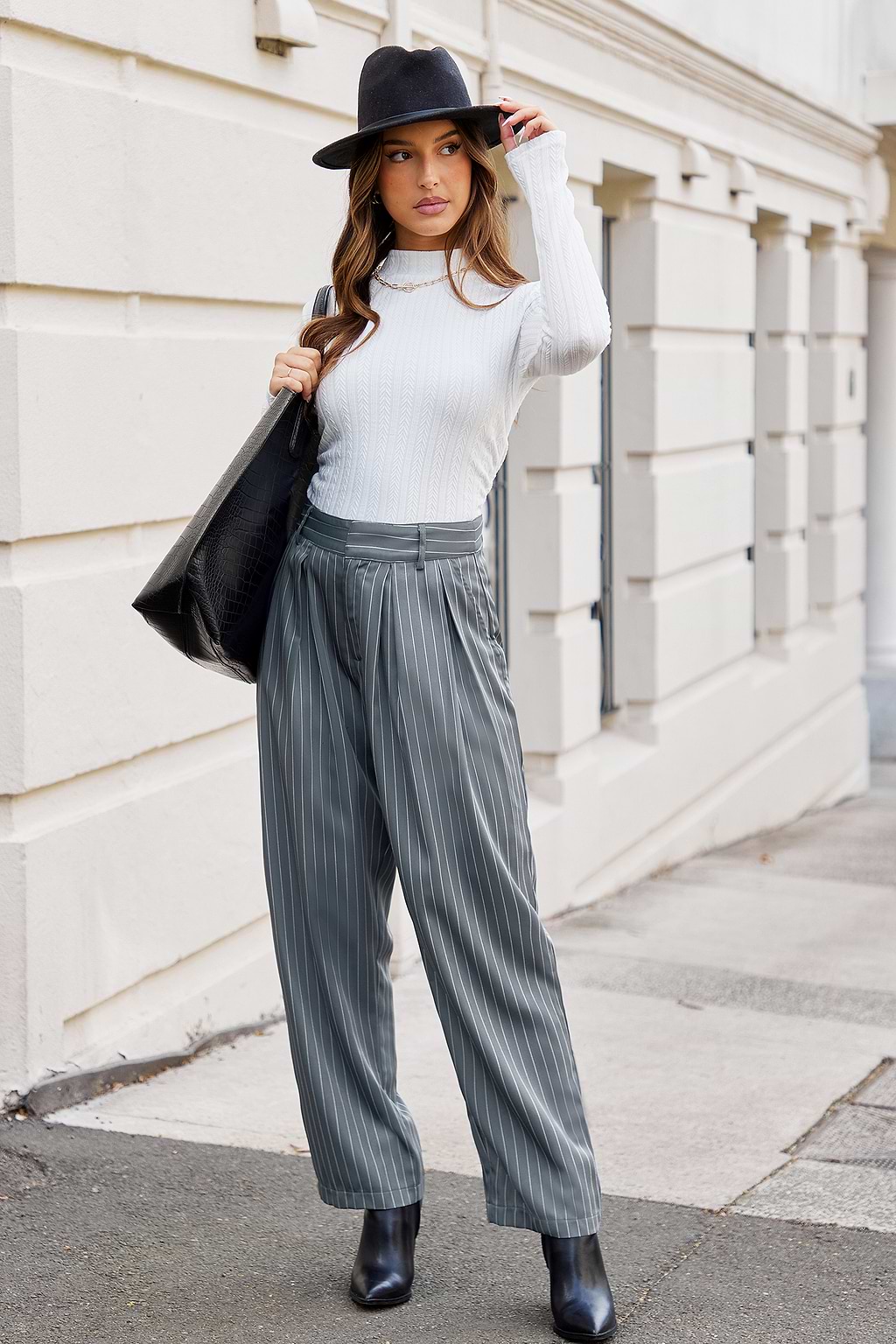 Grey Pin-Striped Straight Leg Pants