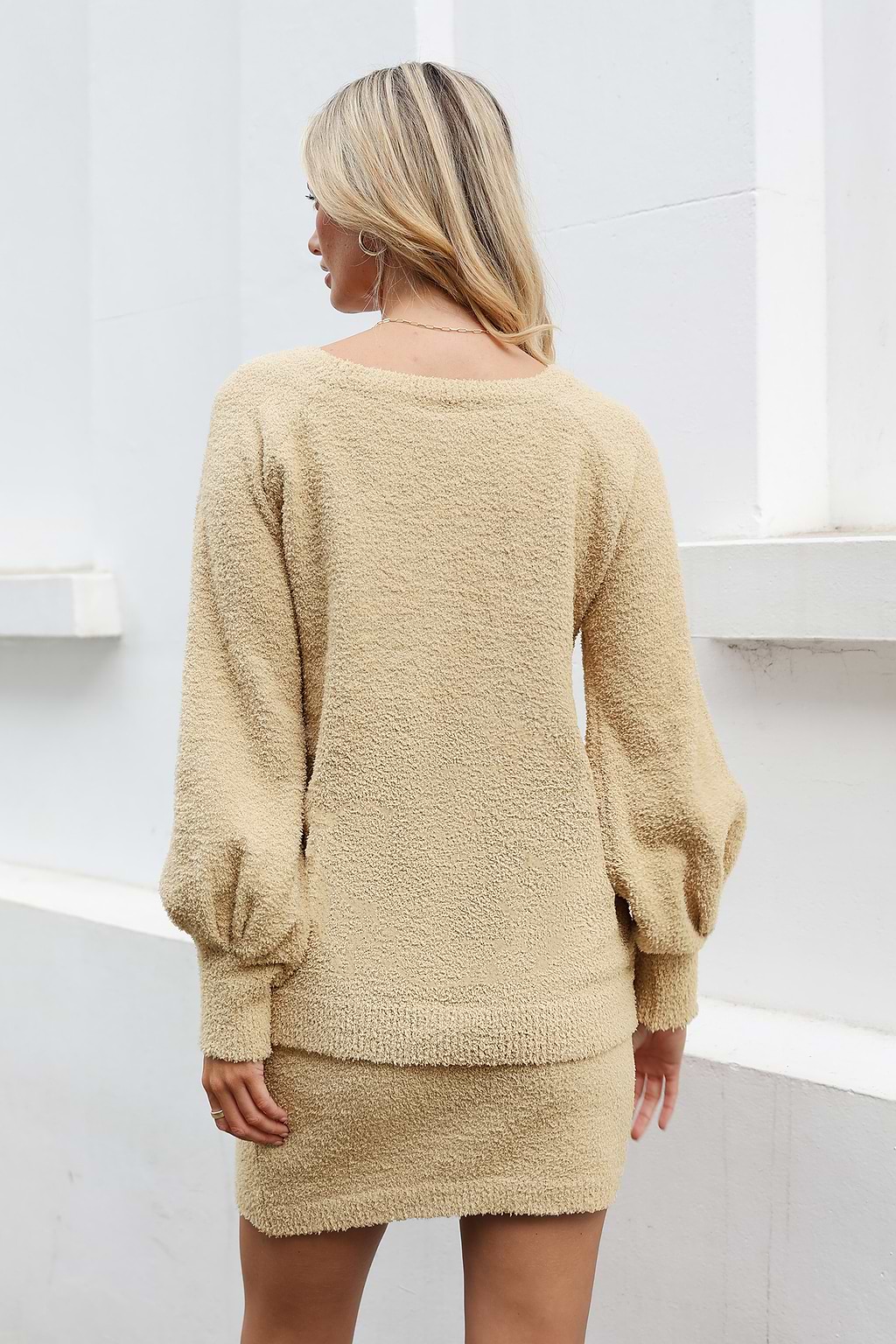 Neutral Round Neck Long Sleeve Sweater & Sweater Skirt Set