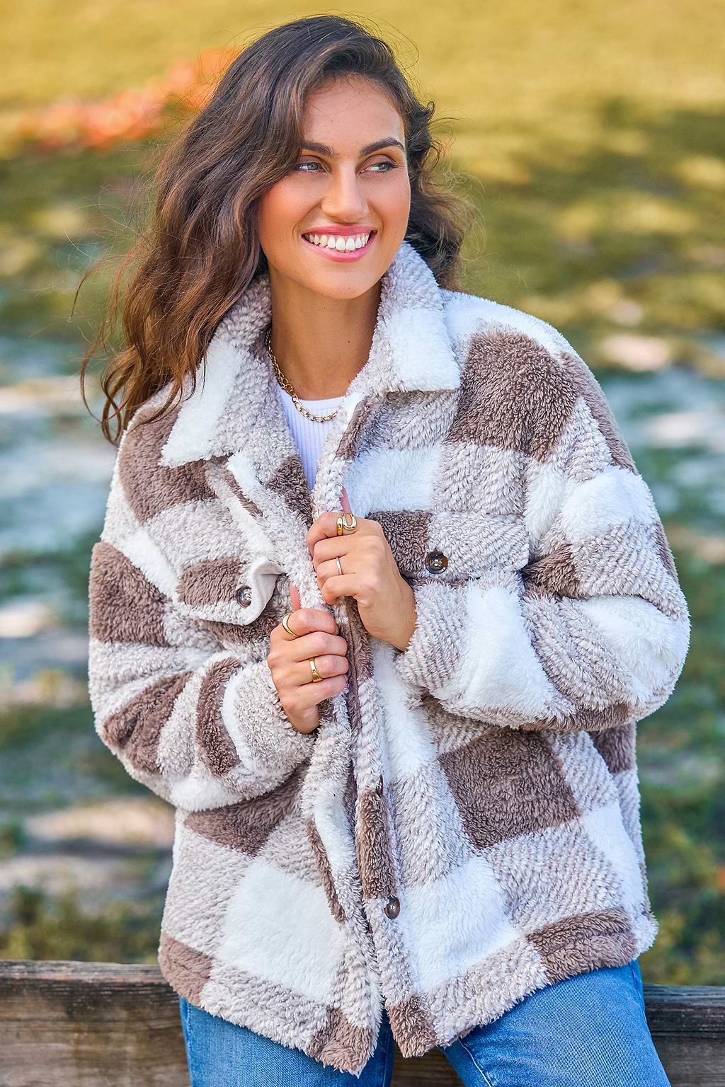 Checkered Sherpa Collared Front Button Jacket