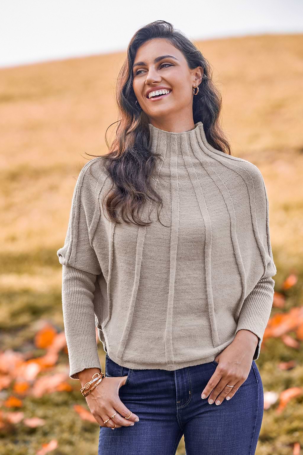 Khaki Ribbed Turtleneck Gigot Sweater