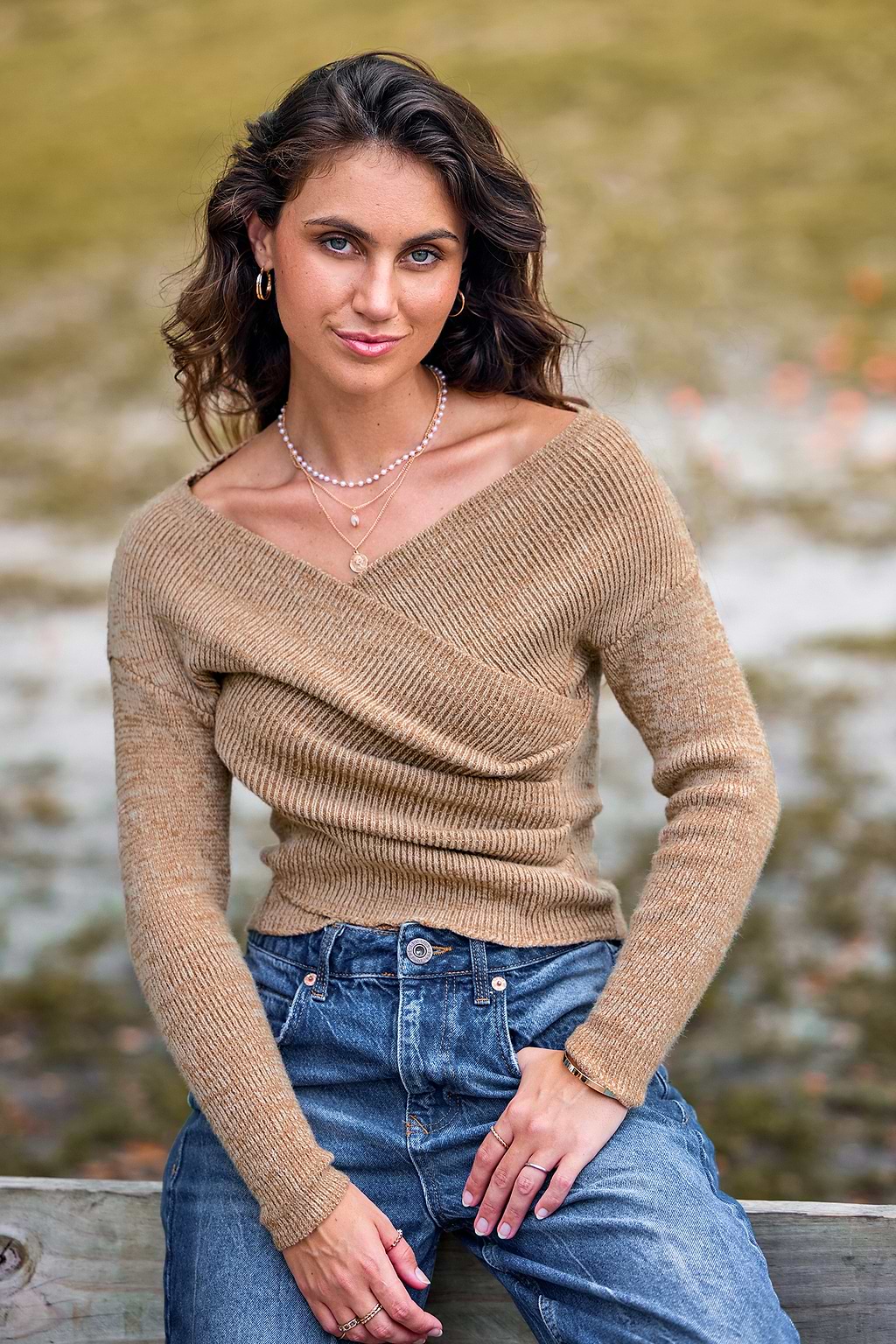 Khaki V-Neck Off-Shoulder Wrap Sweater