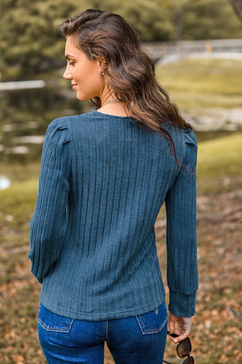 Navy Lace V-Neck Puff Shoulder Long Sleeve Top