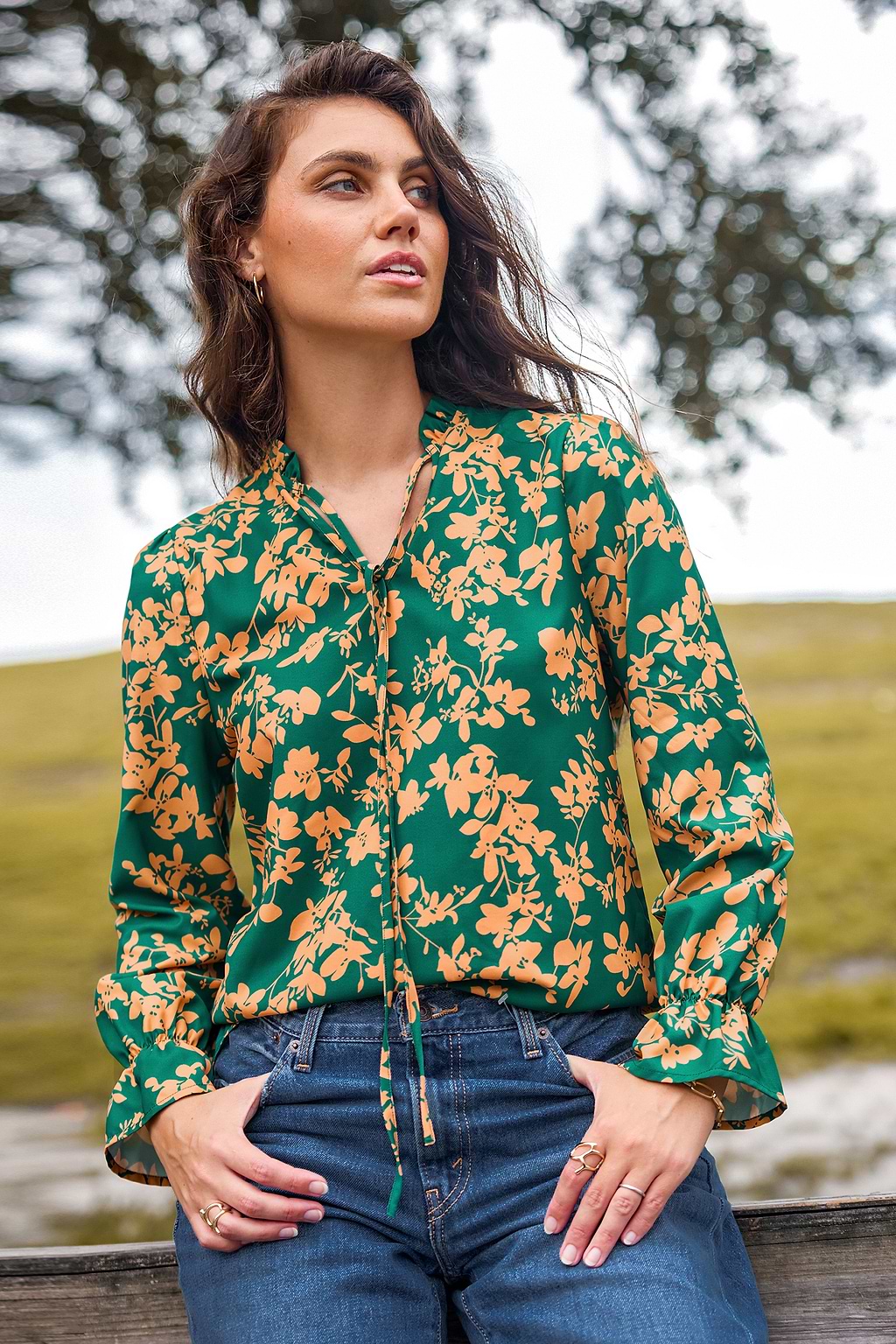 Green & Orange Split Neck Poet Sleeve Blouse