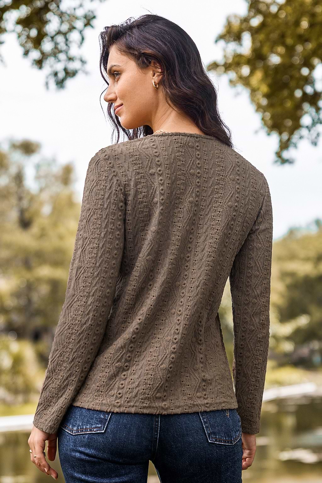 Brown Eyelet Long Sleeve Henley