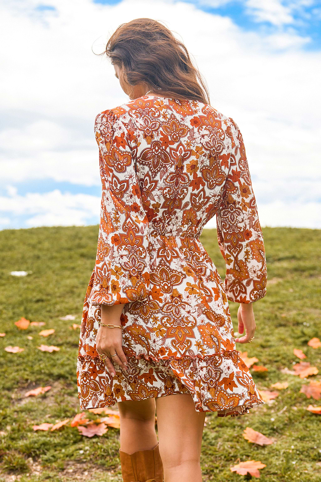 Retro Orange Floral Surplice Blouson Sleeve Dress