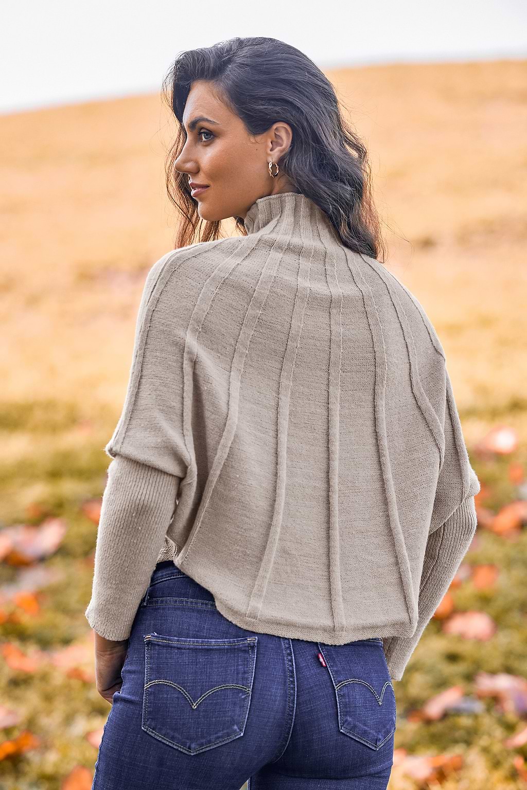 Khaki Ribbed Turtleneck Gigot Sweater