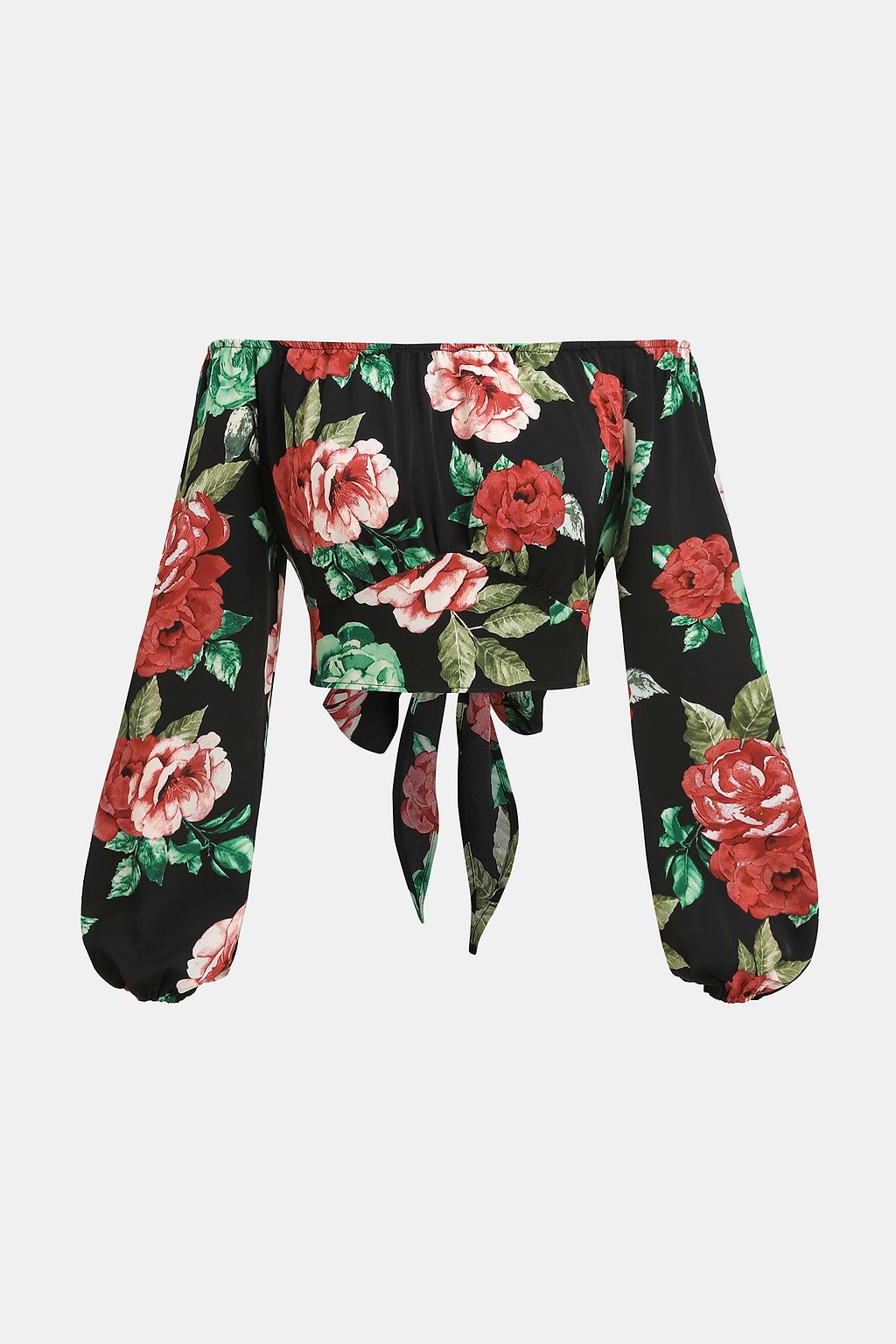 Black Floral Off-Shoulder Blouson Sleeve Crop Top