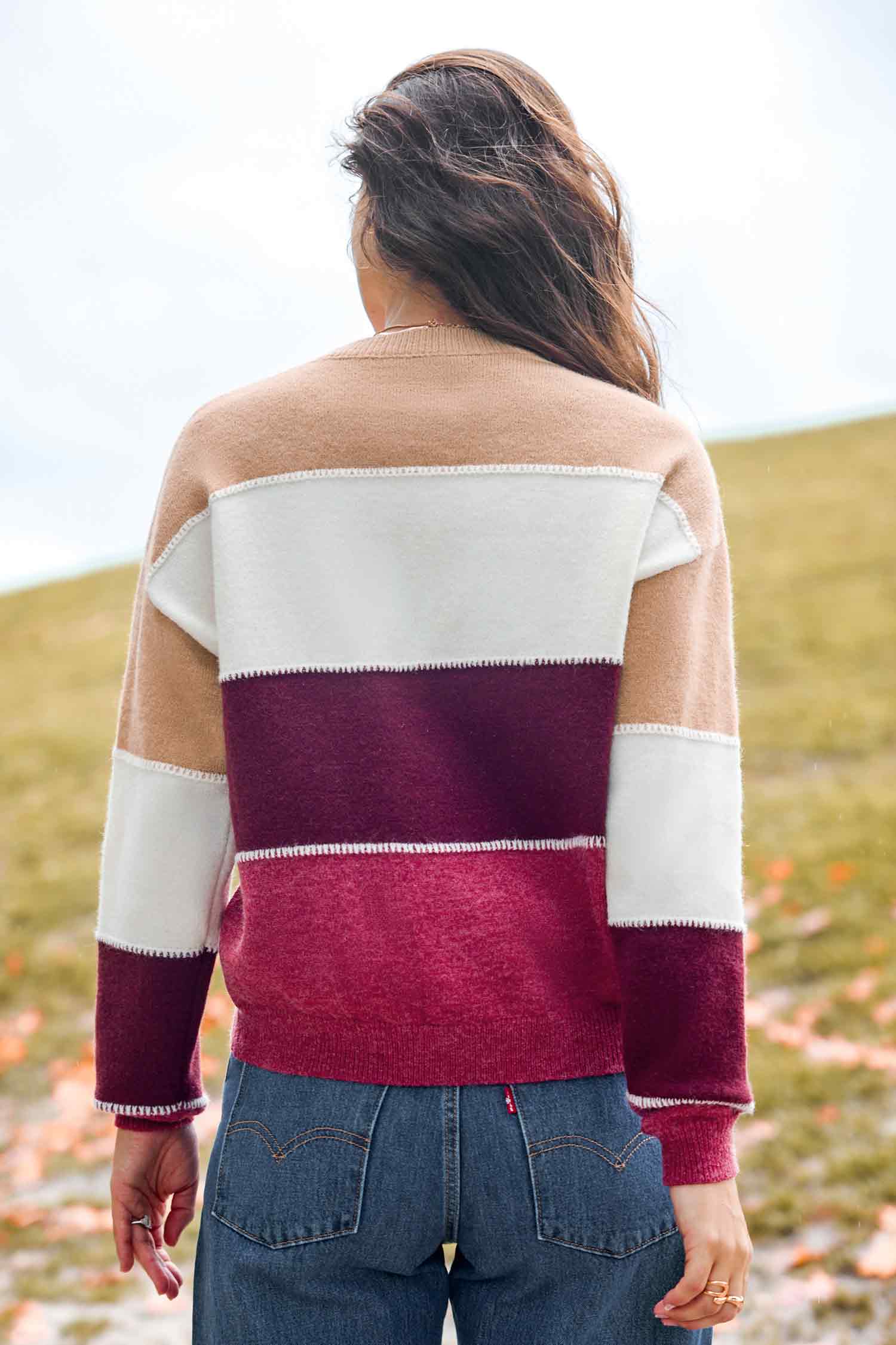 Burgundy & Ivory Colorblock Long Sleeve Sweater