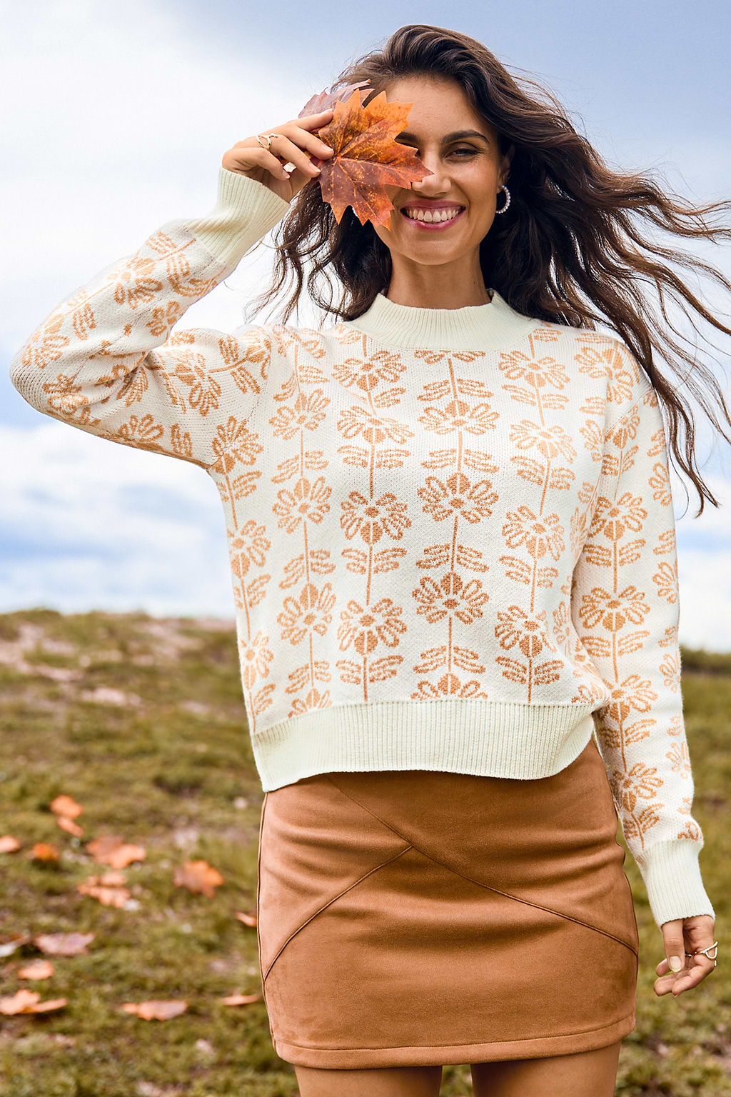 Floral Knit Round Neck Drop Shoulder Sweater