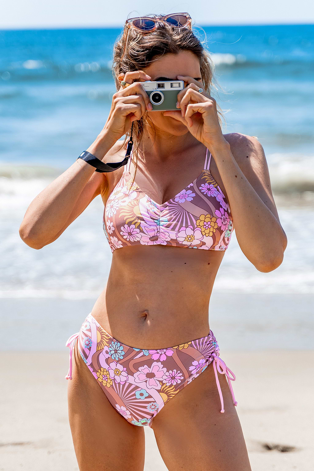 Floral Back Tie Bikini Top & Side Tie Bottoms Set
