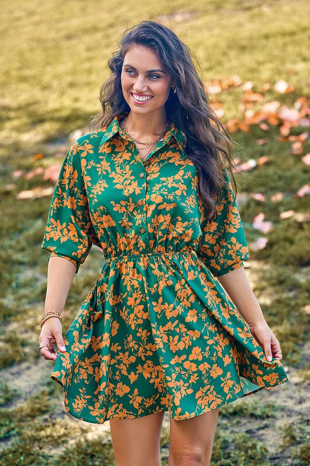 Green & Yellow Floral Collared Half Sleeve Mini Dress