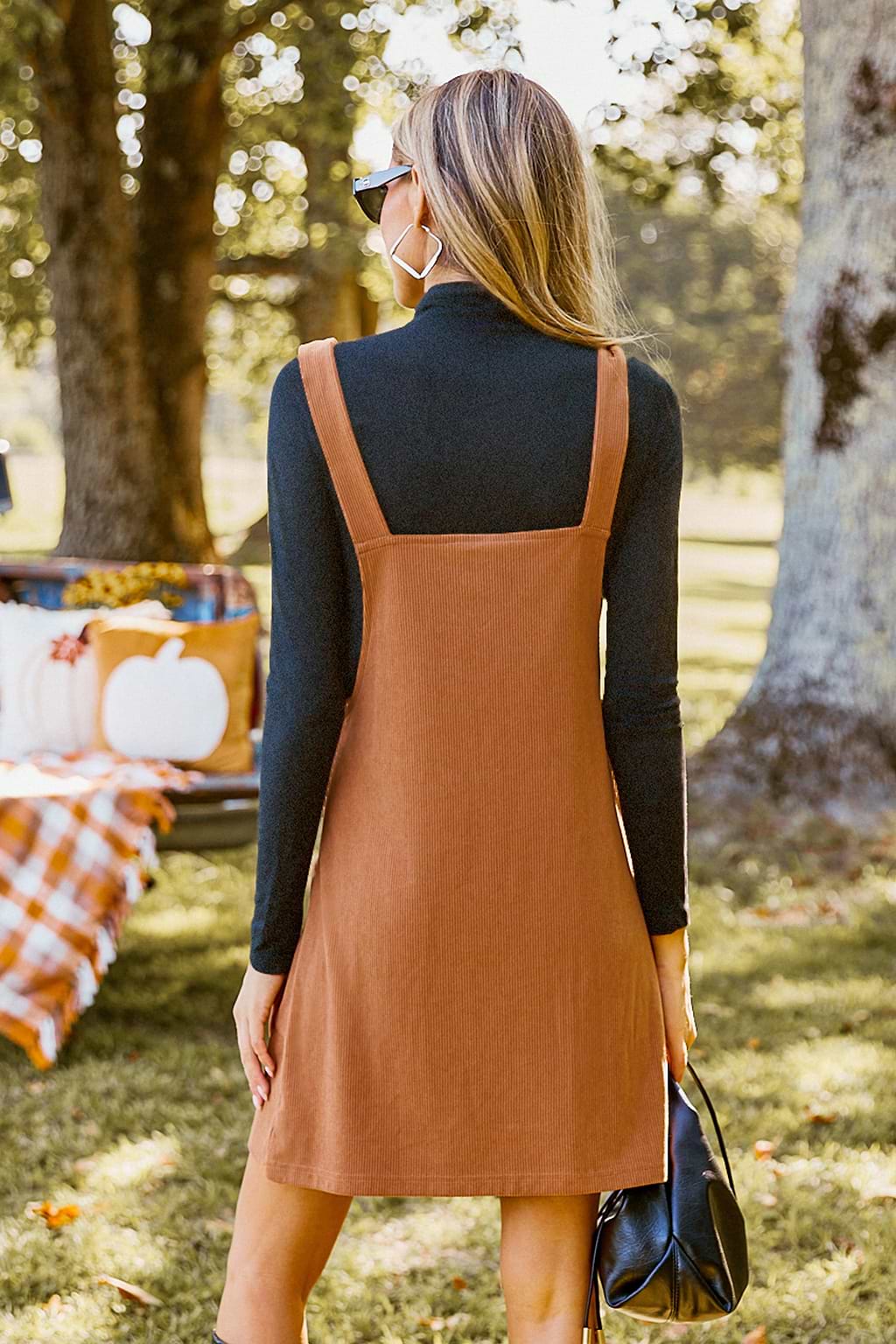 Brown Corduroy Square Neck Pinafore Dress