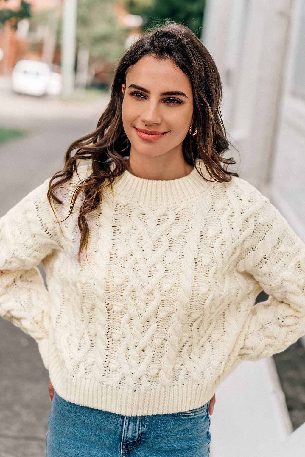 Beige Cable Knit Drop Shoulder Sweater