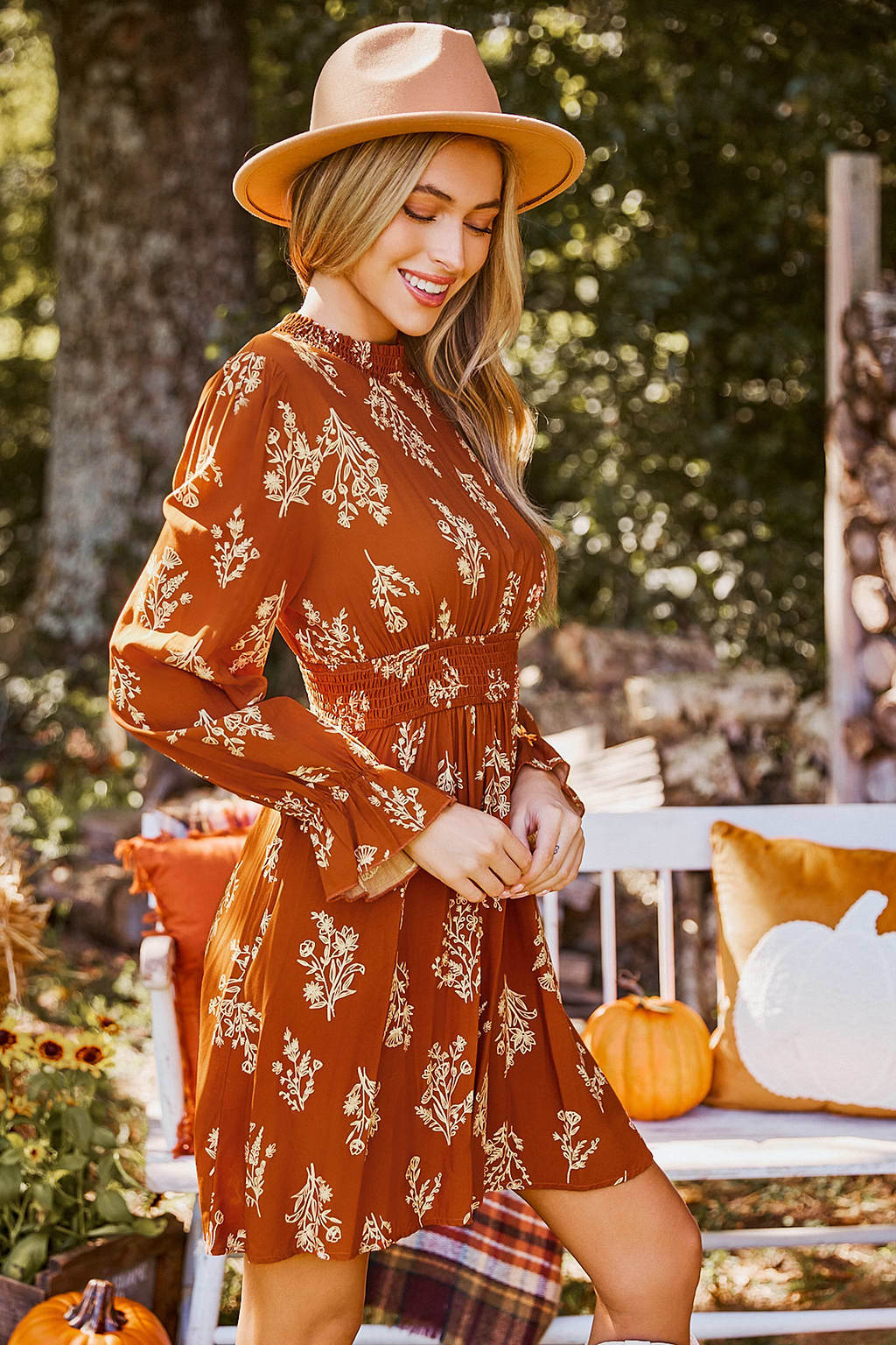 Burnt Orange Floral Blouson Sleeve Mini Dress
