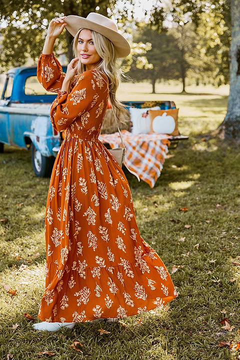 Burnt Orange Floral Blouson Sleeve Smocked Waist Maxi Dress