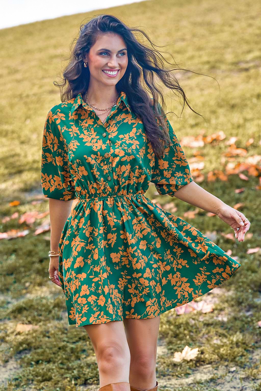 Green & Yellow Floral Collared Half Sleeve Mini Dress
