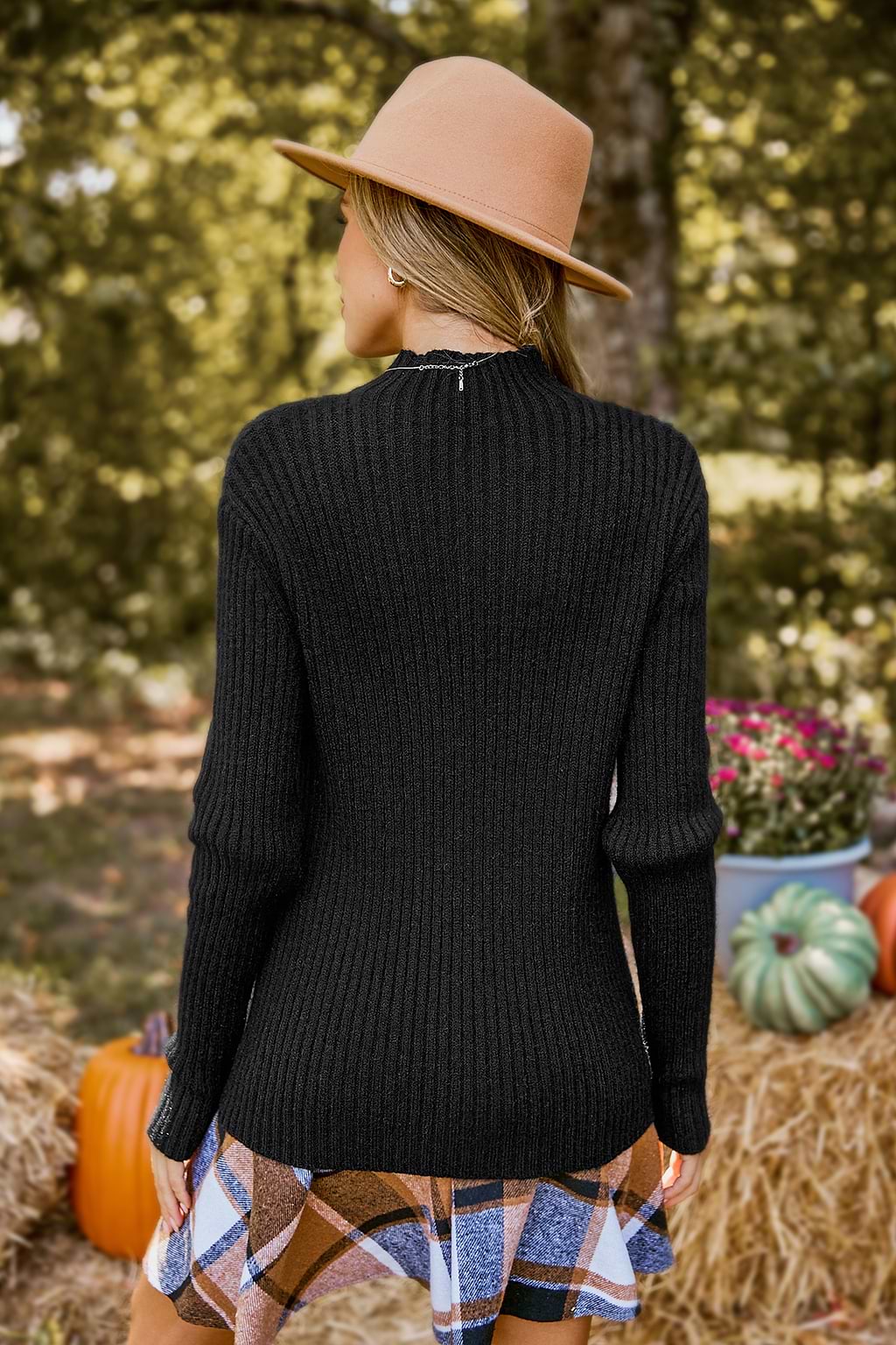 Black Ribbed Knit Turtleneck Long Sleeve Top