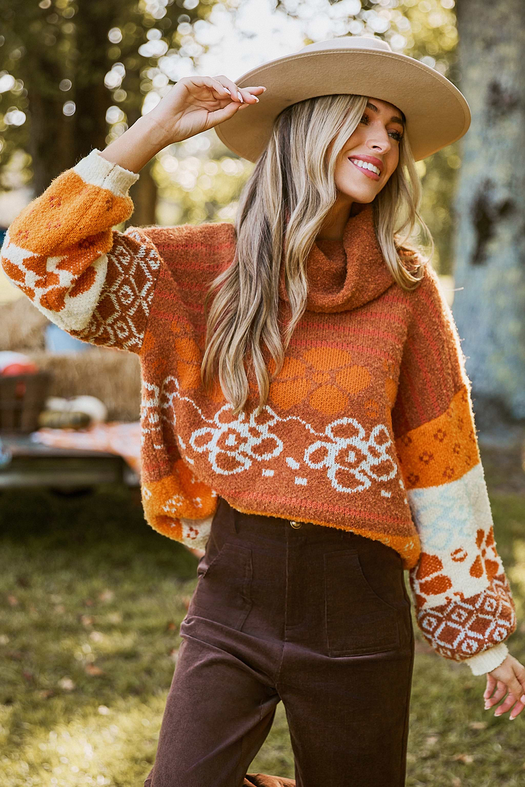 Floral Intarsia Knit Loose Turtleneck Sweater