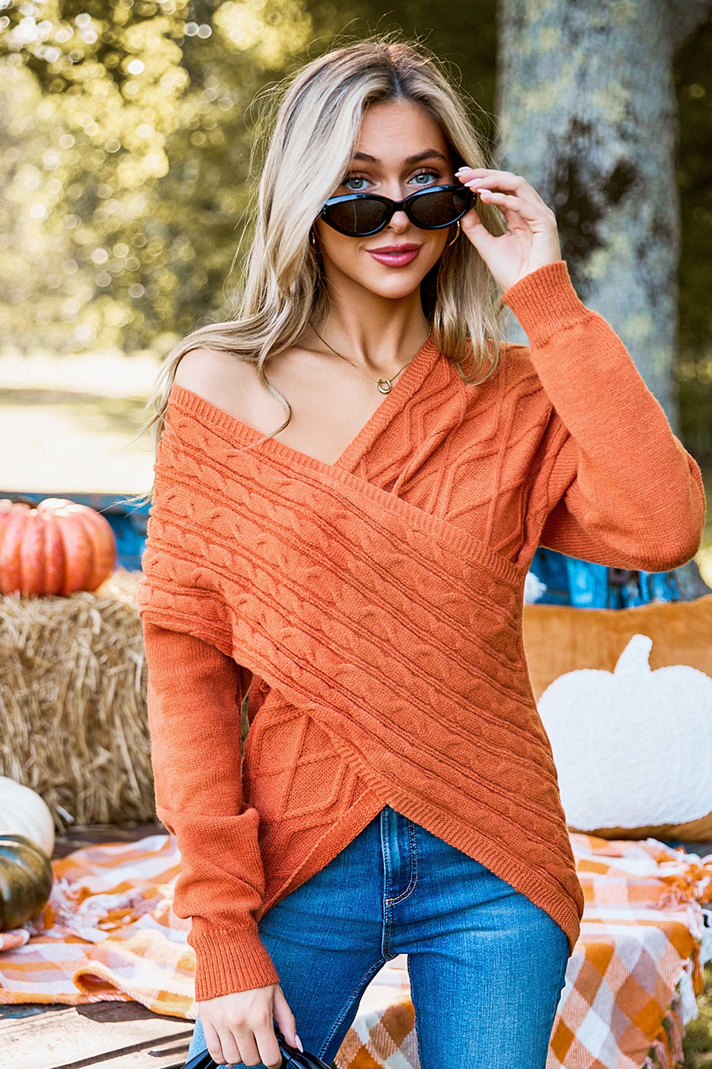 Burnt Orange Cable Knit Asymmetrical Off-Shoulder Sweater