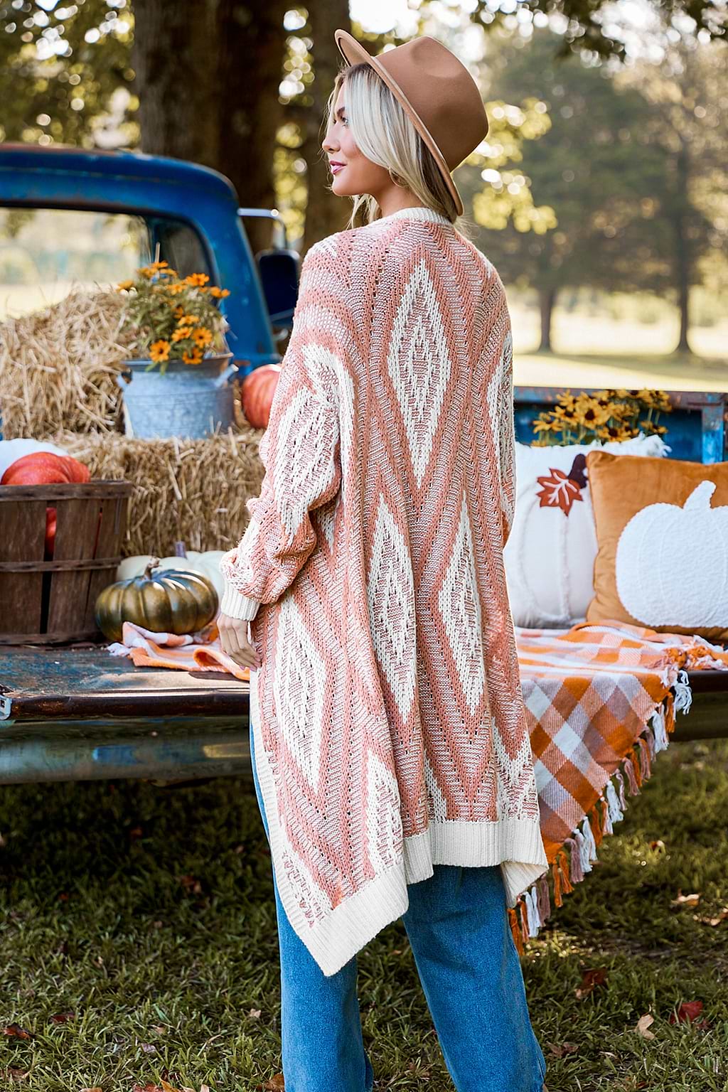 Salmon Geometrical Open Front Longline Cardigan