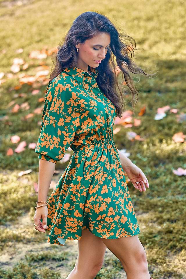 Green & Yellow Floral Collared Half Sleeve Mini Dress