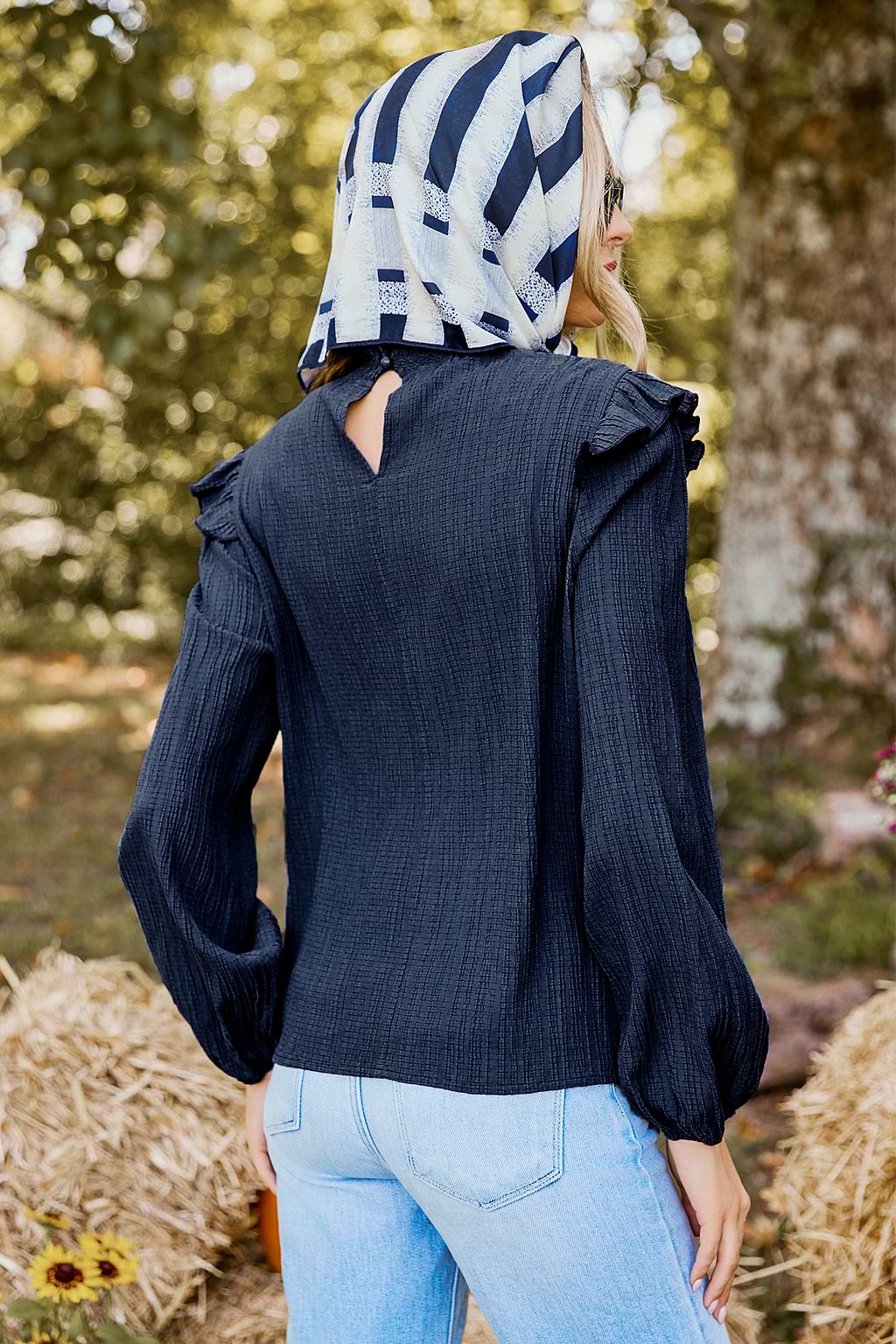 Navy Ruffled Mockneck Blouson Sleeve Top